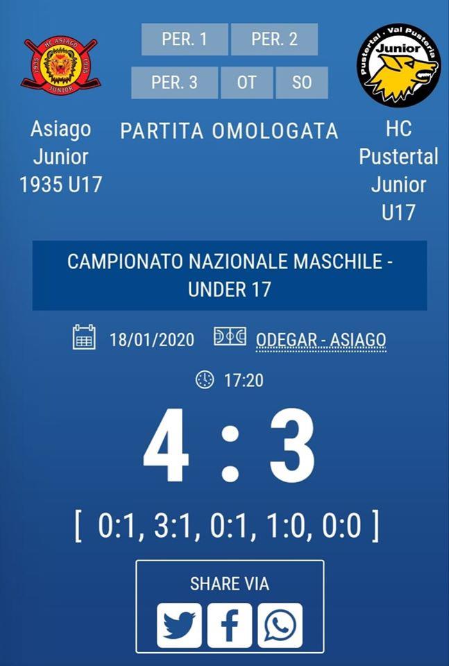 Under 17: L’Asiago supera il Pustertal all’overtime.